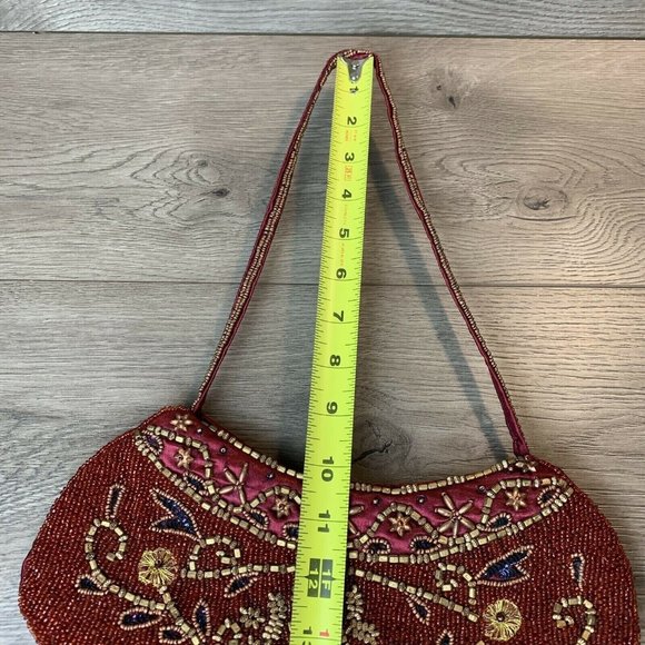 Beaded Purse Clutch Burgundy Satin Copper Gold Color Beads Zip Close, Strap Vtg - Picture 7 of 10